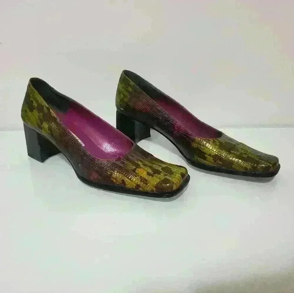 ARNOLD CHURGIN rare leather yellow/purple  block heel square toe shoe. Size 6.5 - Picture 2 of 8